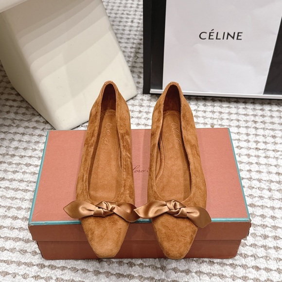 Loro Piana Shoes - Loro Piana Suede Knot-Bow Pointed Flats in Cognac Tan